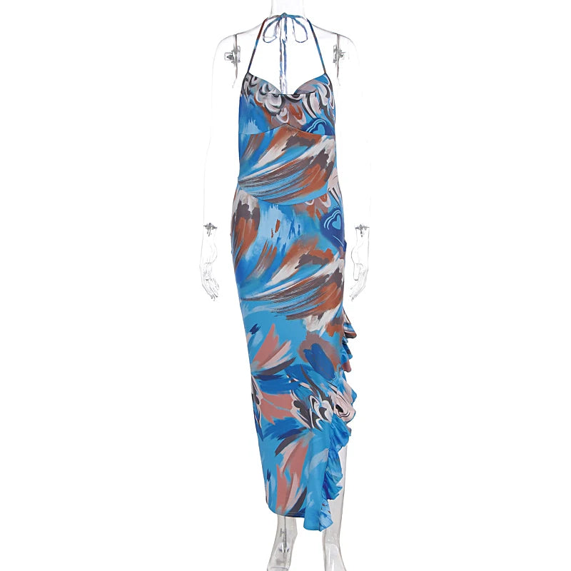DGLUKE Tie Dye Print Slipdress Col Asymmetrische Ruche Lange Jurk Boho Stijl Zomer Strand Jurk 2025
