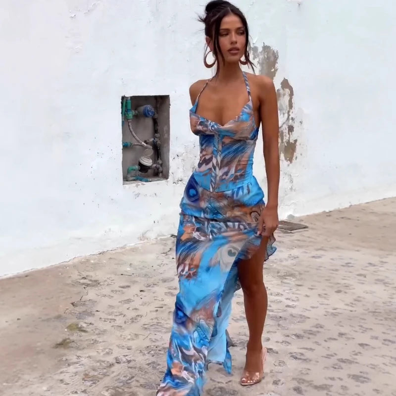 DGLUKE Tie Dye Print Slipdress Col Asymmetrische Ruche Lange Jurk Boho Stijl Zomer Strand Jurk 2025