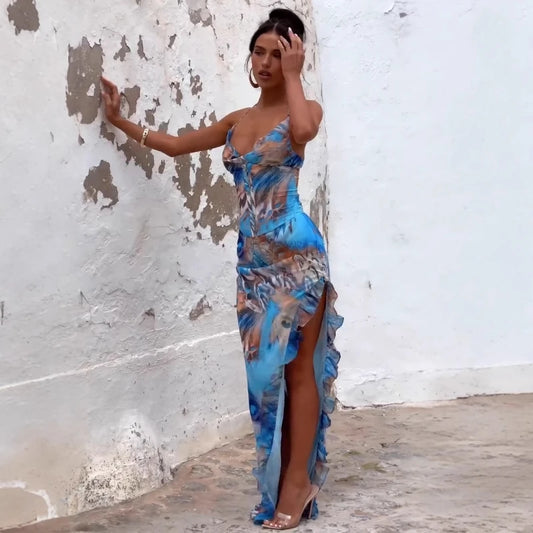 DGLUKE Tie Dye Print Slipdress Col Asymmetrische Ruche Lange Jurk Boho Stijl Zomer Strand Jurk 2025